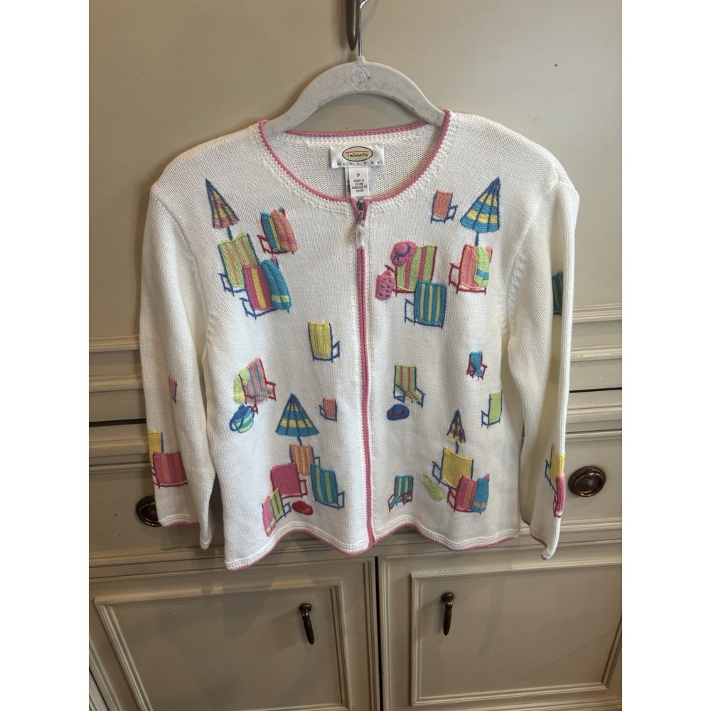 Talbots Petites Beach Chair Embroidered Full Zip Summer Sweater White NWT Small